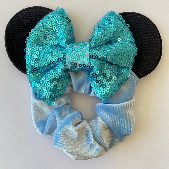 Mickey Mouse Ears Scrunchie Ponytail Holder with Sequins - Blue with Black Ears - Picture 1 of 6